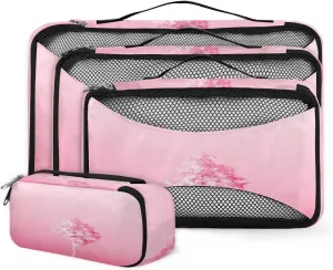Pink Tree 4 Piece Packing Travel Organizer Cubes Set Mesh Fabric Ventilate Design Lightweight Travel Accessories 4 Sizes (Extra Large, Large, Medium, Small)