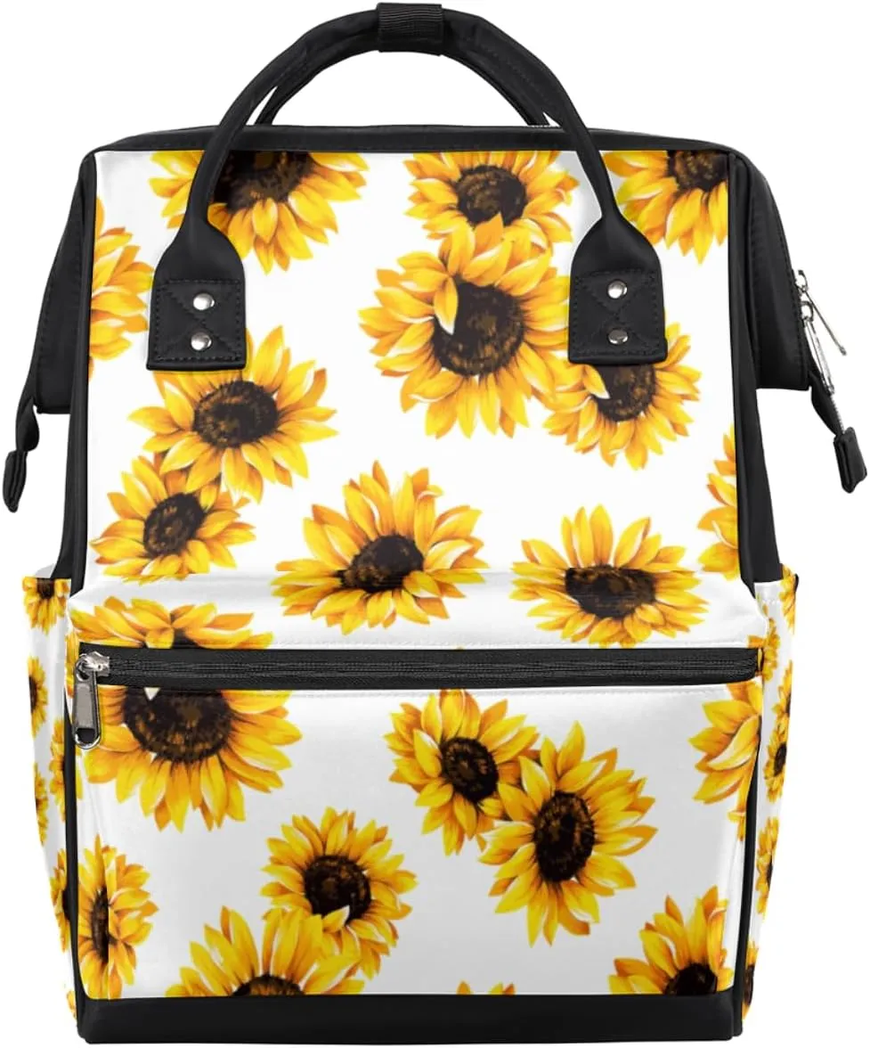 Plant Sunflower Pattern Diaper Bag Tote Large Capacity Waterproof with Adjustable Shoulder Strap and Pram Straps Mommy Bag for Hospital Beach Weekender Travel