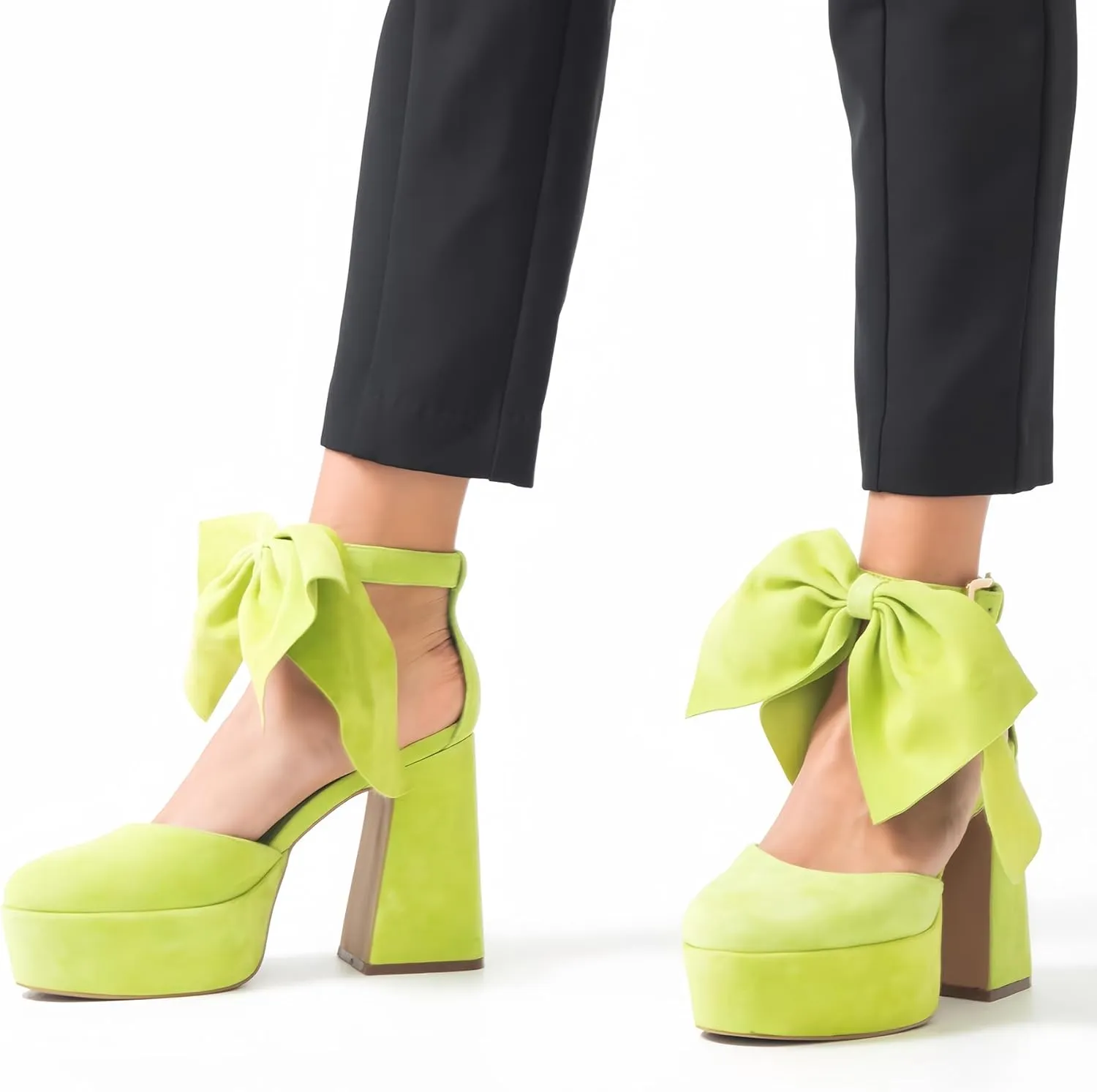 Platform Block Heel Sandals For Woman, Suede Bow Ankle Buckle High Heels, Round Toe Chunky Heeled Platform Sandals, Lovely Party Date Dress Heels For City Girls