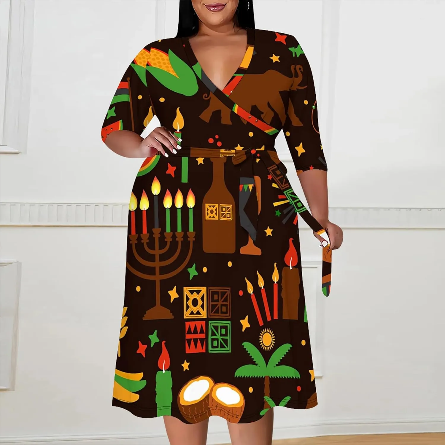 Plus Size Dress for Women - 3/4 Sleeve V Neck Boho Print Midi Dresses Sexy Wrap Cocktail Party Dress Empire Waist with Belt