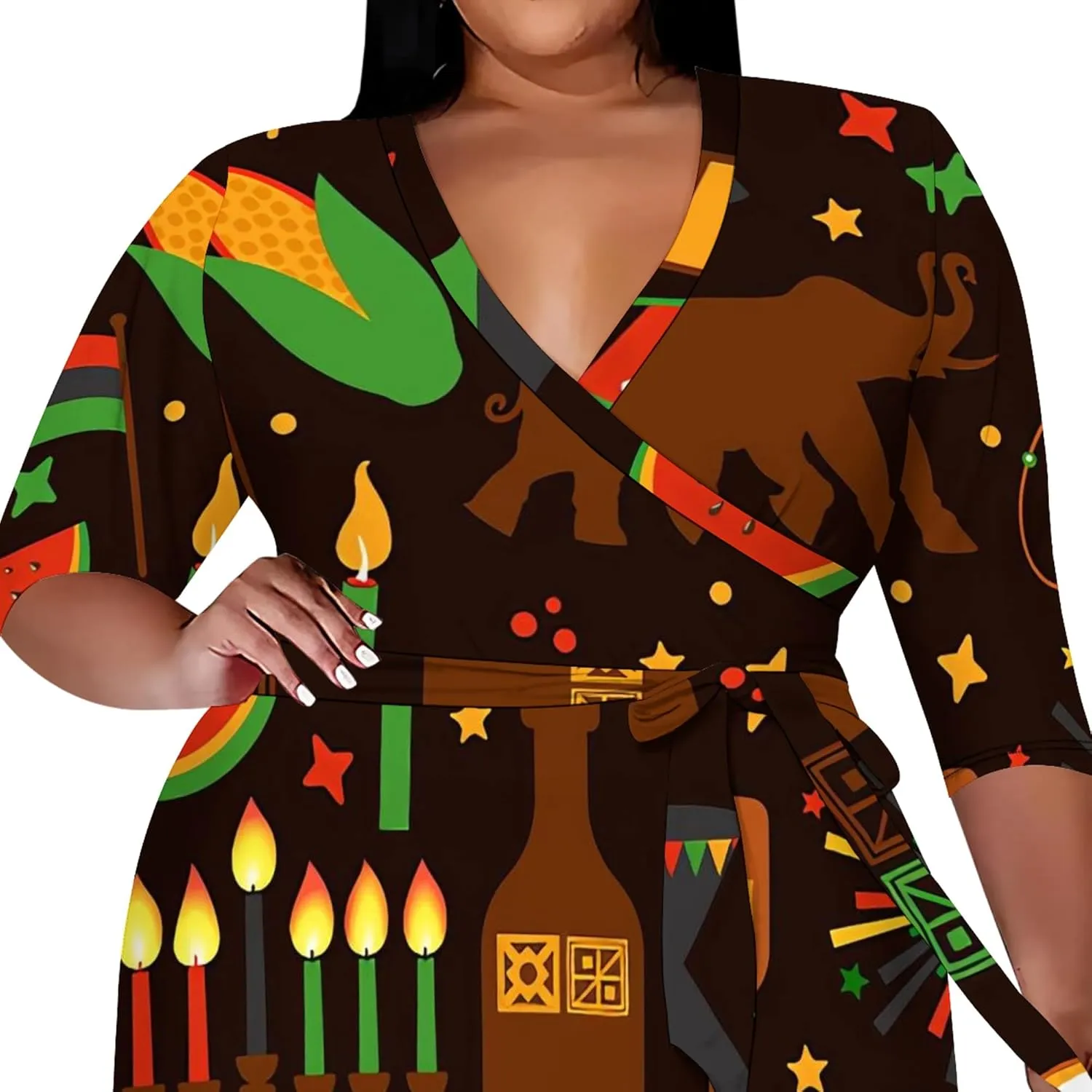 Plus Size Dress for Women - 3/4 Sleeve V Neck Boho Print Midi Dresses Sexy Wrap Cocktail Party Dress Empire Waist with Belt