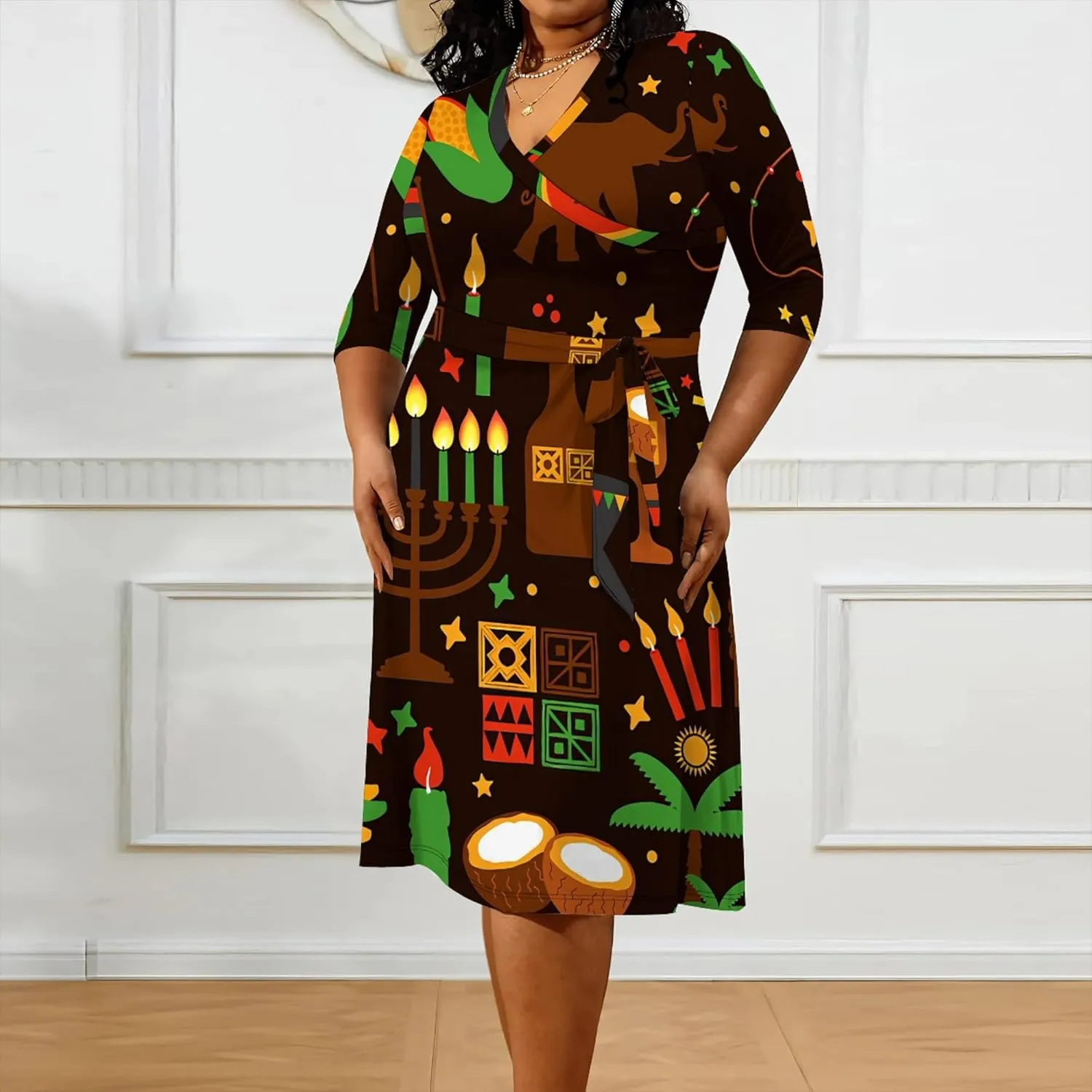 Plus Size Dress for Women - 3/4 Sleeve V Neck Boho Print Midi Dresses Sexy Wrap Cocktail Party Dress Empire Waist with Belt