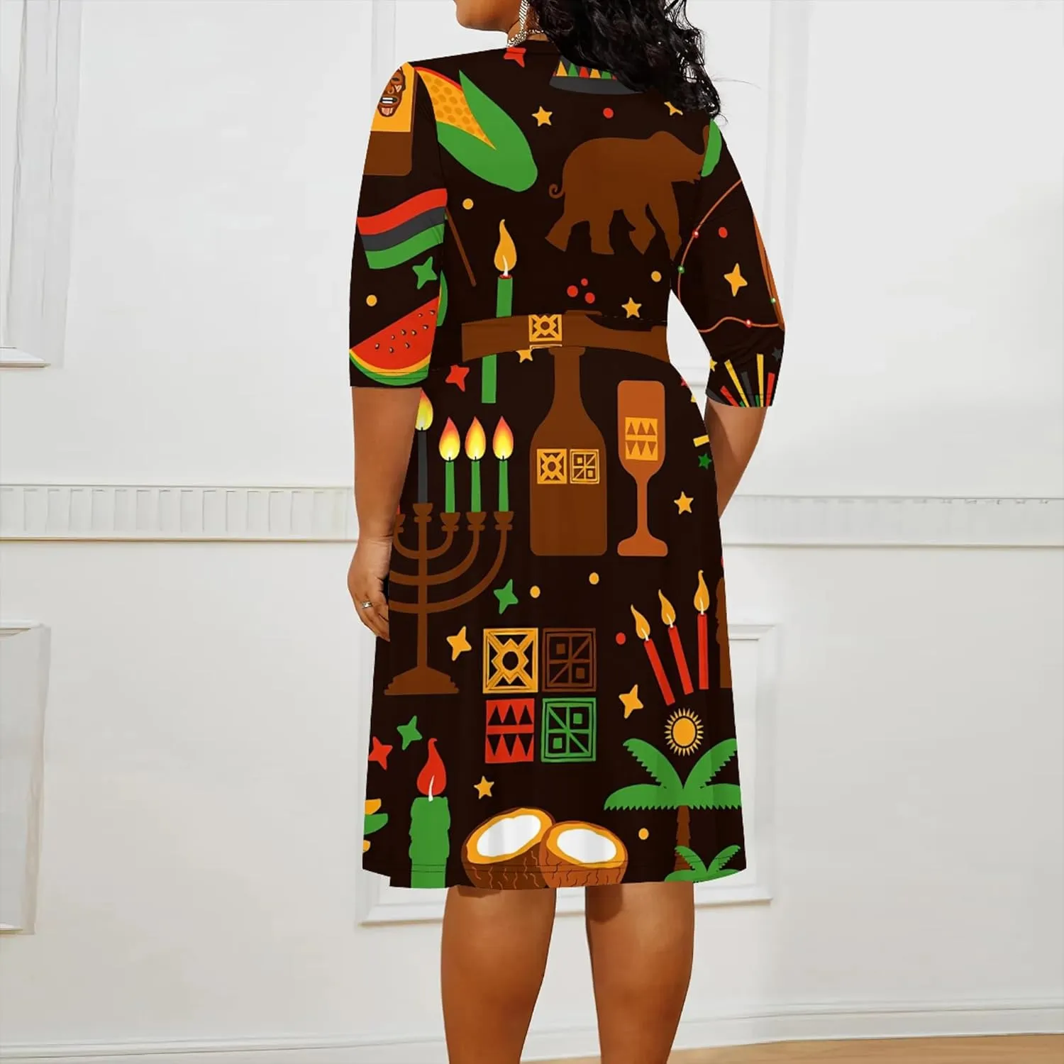 Plus Size Dress for Women - 3/4 Sleeve V Neck Boho Print Midi Dresses Sexy Wrap Cocktail Party Dress Empire Waist with Belt