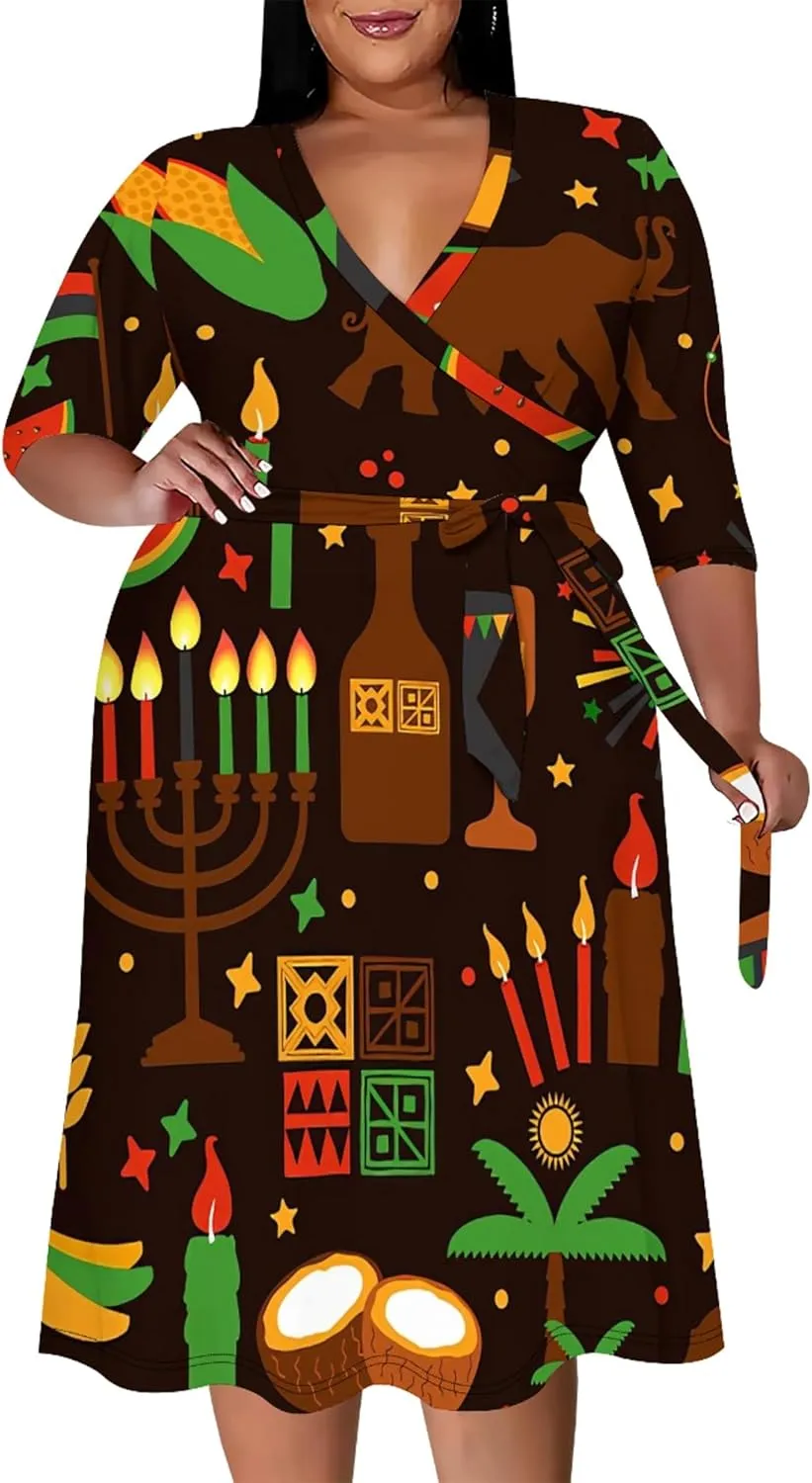 Plus Size Dress for Women - 3/4 Sleeve V Neck Boho Print Midi Dresses Sexy Wrap Cocktail Party Dress Empire Waist with Belt