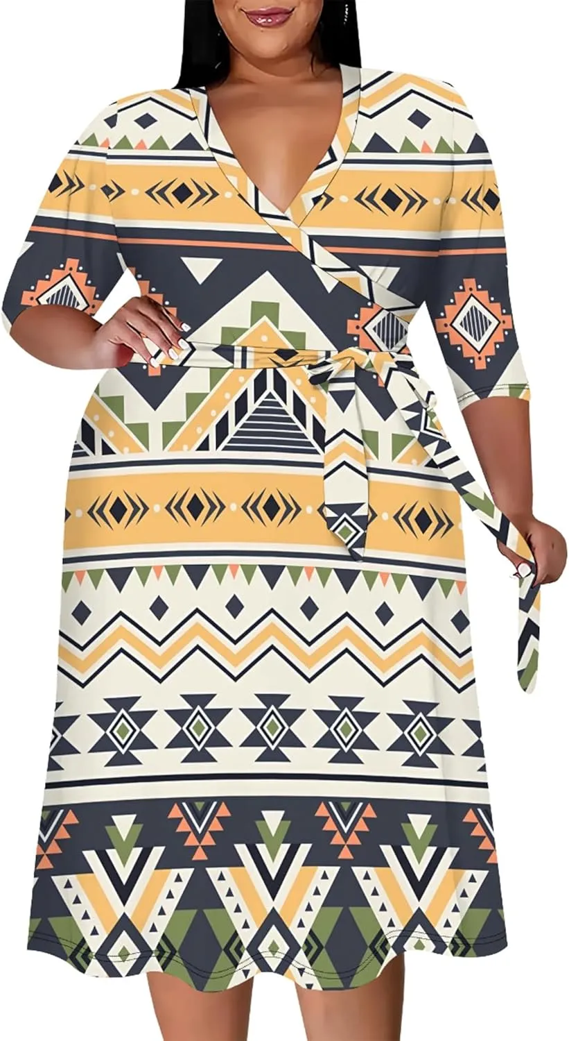 Plus Size Dress for Women - 3/4 Sleeve V Neck Boho Print Midi Dresses Sexy Wrap Cocktail Party Dress Empire Waist with Belt