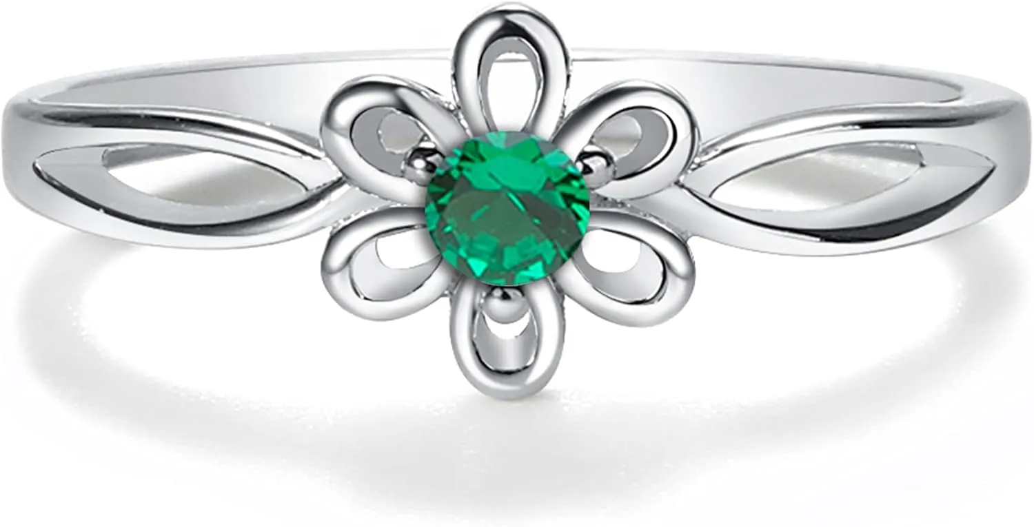 Precious Pieces Sterling Silver Simulated Birthstone Baby Ring with Flower for Little Girls