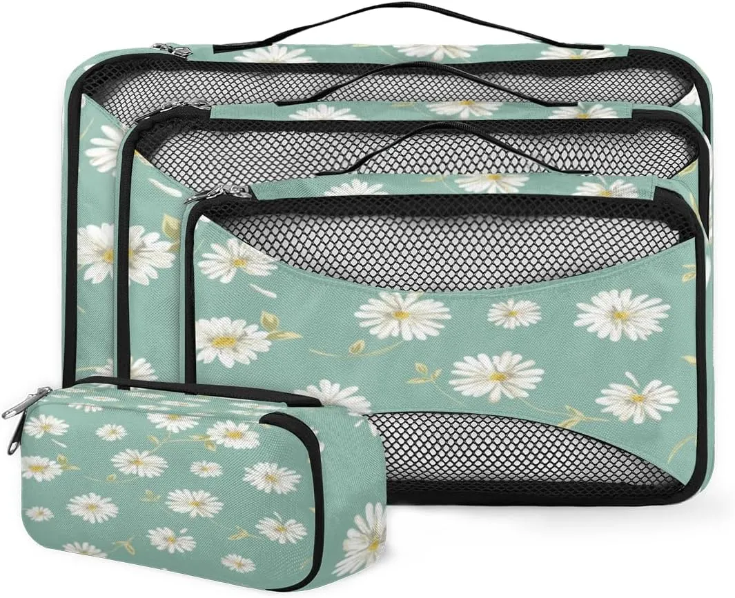 Pretty Daisy 4 Piece Packing Travel Organizer Cubes Set Mesh Fabric Ventilate Design Lightweight Travel Accessories 4 Sizes (Extra Large, Large, Medium, Small)
