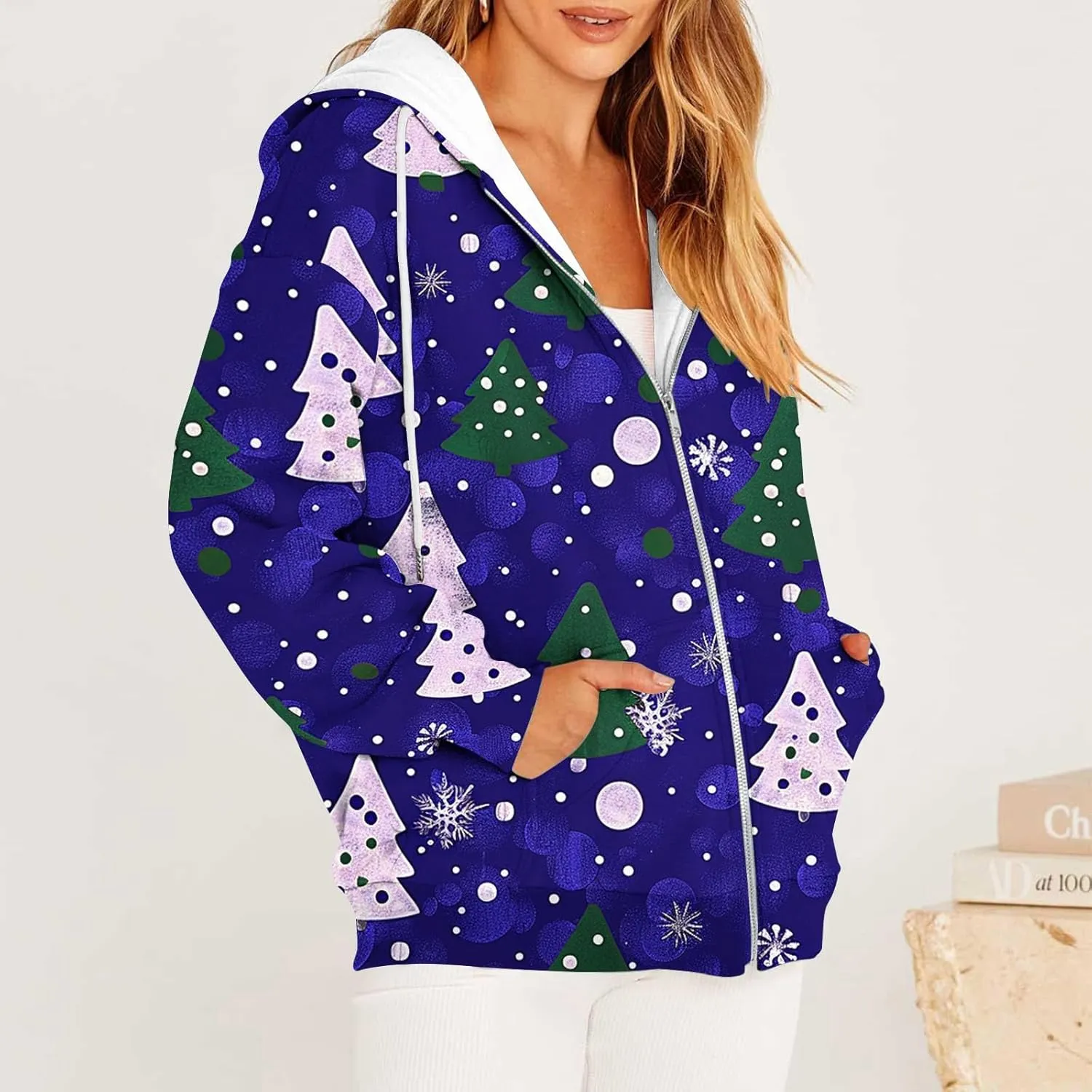 Quilted Jackets for Women Casual Christmas Print Winter Coats Full Zip Hoodies Long Sleeve Sweatshirt with Pockets