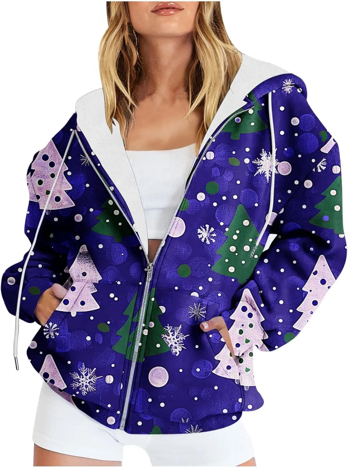 Quilted Jackets for Women Casual Christmas Print Winter Coats Full Zip Hoodies Long Sleeve Sweatshirt with Pockets