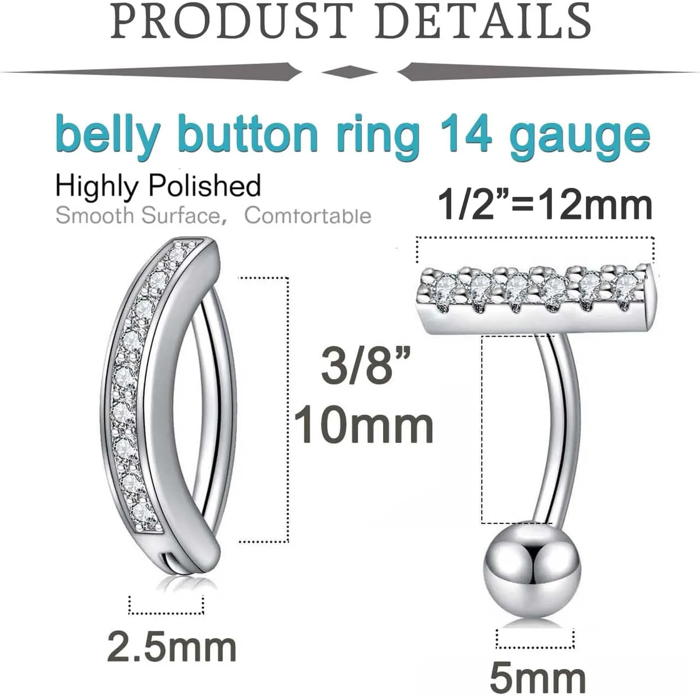 QWALIT Belly Button Rings 14G Surgical Steel Belly Rings CZ Opal Navel Piercing Jewelry for Women Girls 3/8" 10mm Silver Rose Gold