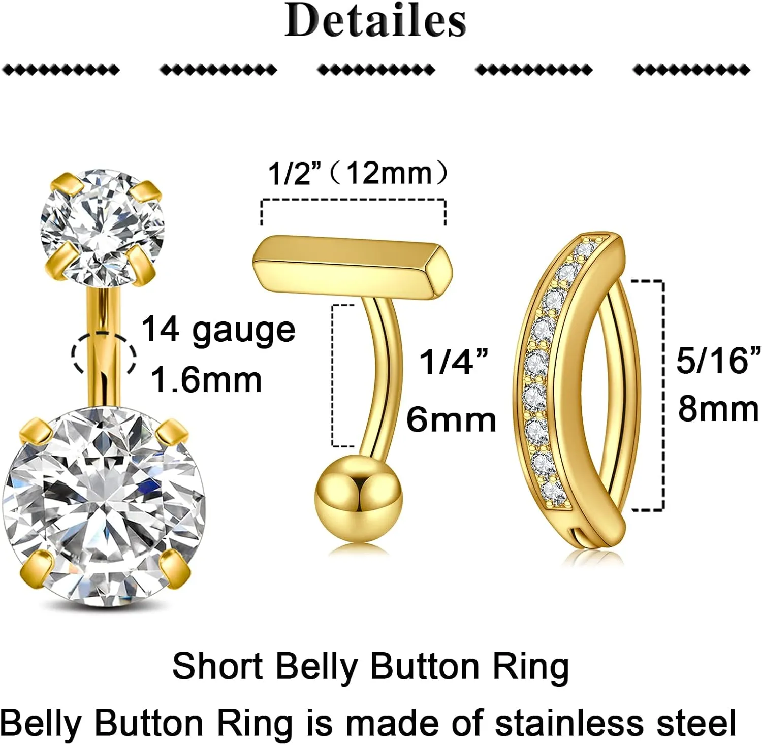QWALIT Belly Rings - Short Bar Belly Button Rings in Surgical Steel with Opal Stones - 6mm & 10mm