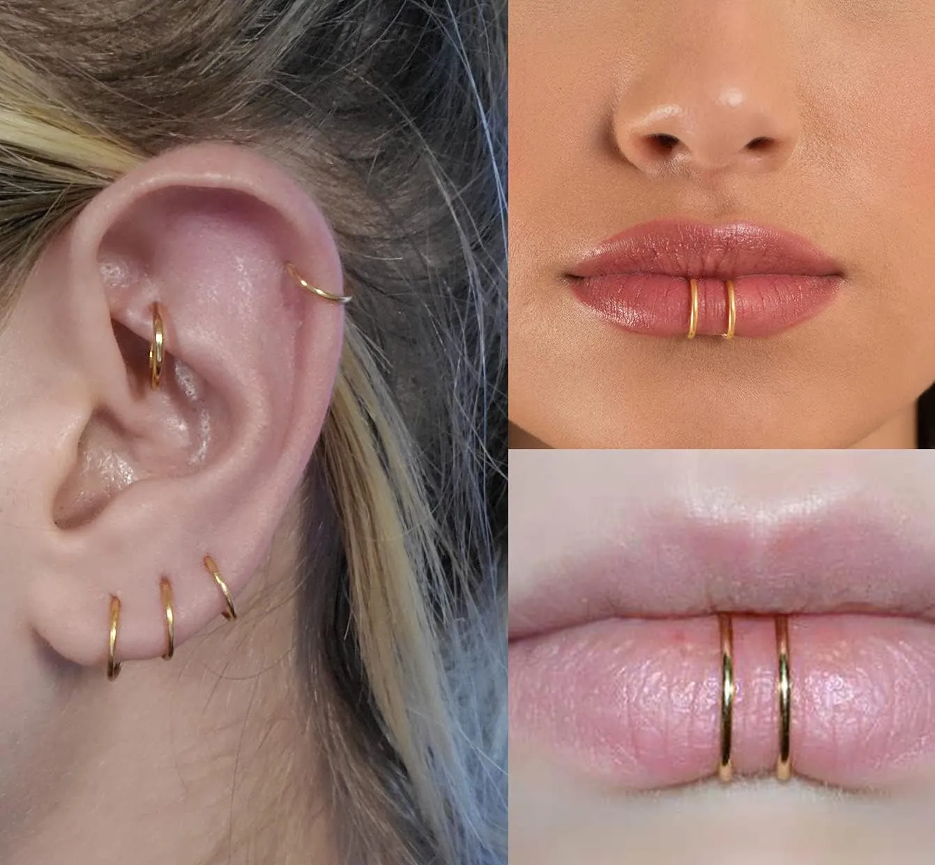 QWALIT Fake Nose Ring Gold Fake Septum Ring Hoop Silver Faux Septum Piercing Clip on Lip Ring Stick on Nose Stud Non Piercing Ear Earring Cuffs Gold Lip Cuff Non Pierced