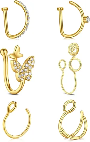 QWALIT Fake Nose Ring Gold Fake Septum Ring Hoop Silver Faux Septum Piercing Clip on Lip Ring Stick on Nose Stud Non Piercing Ear Earring Cuffs Gold Lip Cuff Non Pierced
