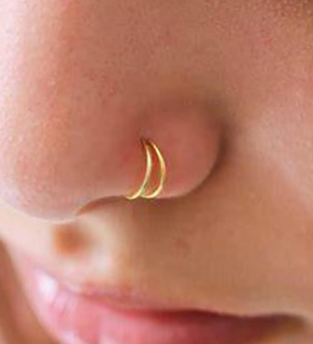 QWALIT Fake Nose Ring Gold Fake Septum Ring Hoop Silver Faux Septum Piercing Clip on Lip Ring Stick on Nose Stud Non Piercing Ear Earring Cuffs Gold Lip Cuff Non Pierced