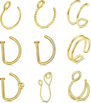 QWALIT Fake Nose Ring Gold Fake Septum Ring Hoop Silver Faux Septum Piercing Clip on Lip Ring Stick on Nose Stud Non Piercing Ear Earring Cuffs Gold Lip Cuff Non Pierced
