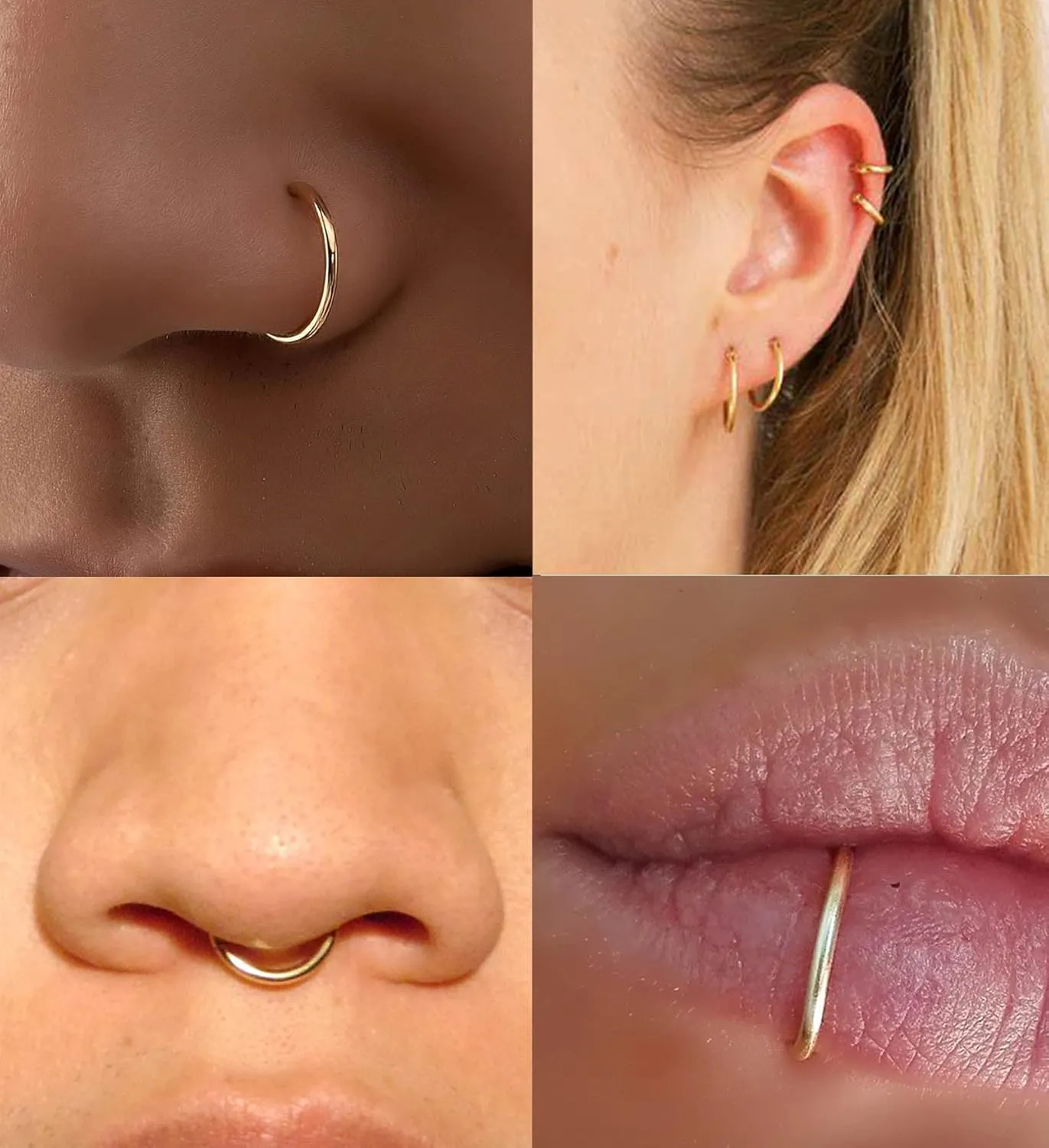 QWALIT Fake Nose Ring Gold Fake Septum Ring Hoop Silver Faux Septum Piercing Clip on Lip Ring Stick on Nose Stud Non Piercing Ear Earring Cuffs Gold Lip Cuff Non Pierced