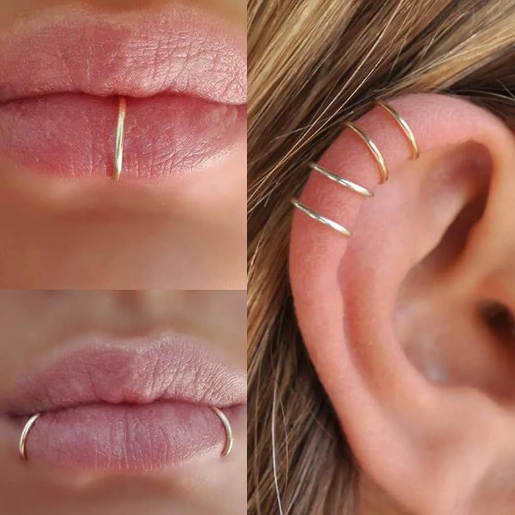 QWALIT Fake Nose Ring Gold Fake Septum Ring Hoop Silver Faux Septum Piercing Clip on Lip Ring Stick on Nose Stud Non Piercing Ear Earring Cuffs Gold Lip Cuff Non Pierced