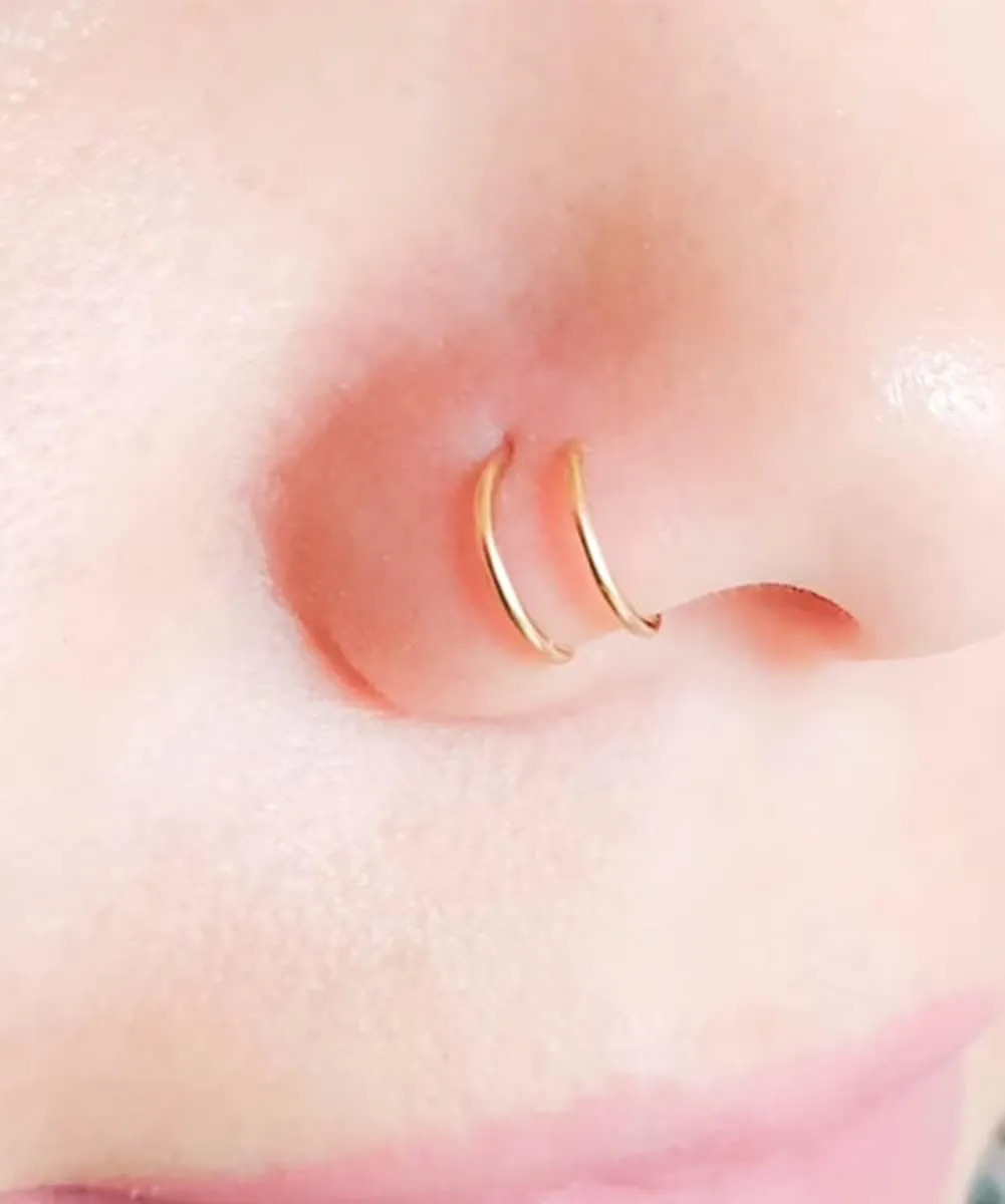QWALIT Fake Nose Ring Gold Fake Septum Ring Hoop Silver Faux Septum Piercing Clip on Lip Ring Stick on Nose Stud Non Piercing Ear Earring Cuffs Gold Lip Cuff Non Pierced