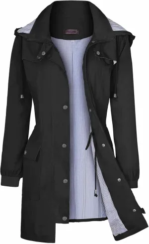 Rain Jacket for Women Lightweight Windproof Stripe Mountain Trench Coat Removable Hood Zip Casual Jacket with Pocket