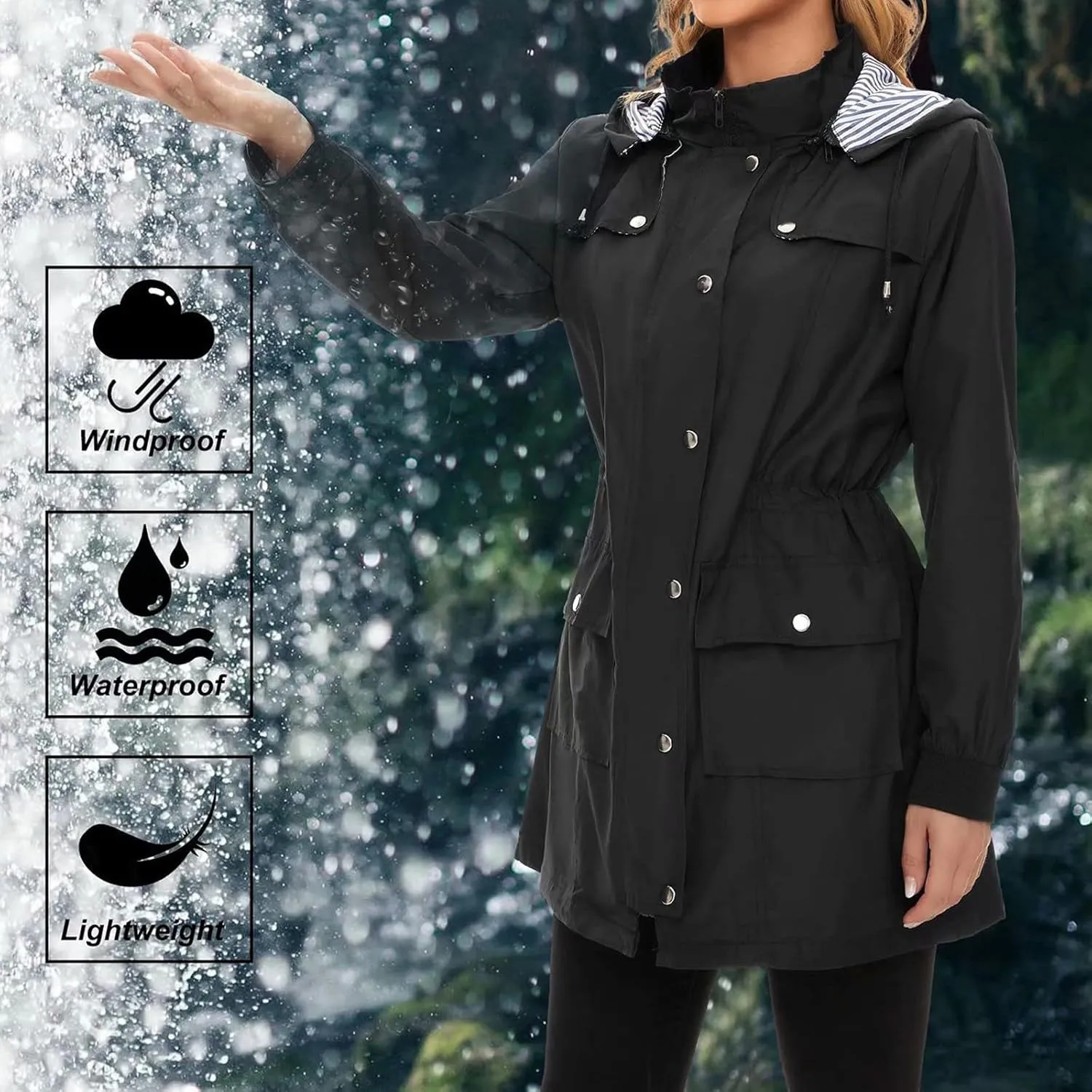 Rain Jacket for Women Lightweight Windproof Stripe Mountain Trench Coat Removable Hood Zip Casual Jacket with Pocket
