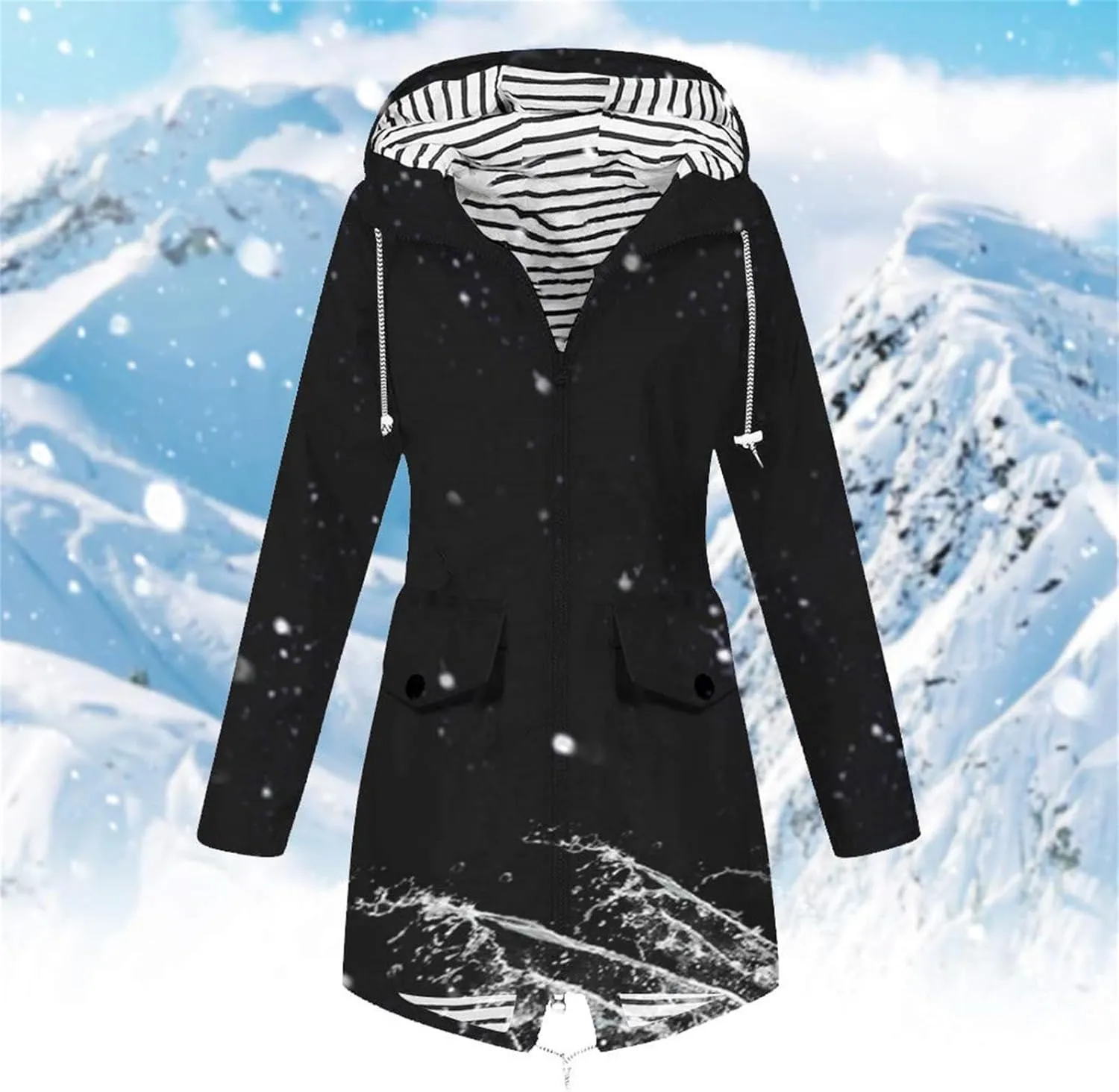 Rain Jacket Women Hooded Waterproof Windbreaker Full Zip Stripe Lined Trench Coats High Low Hem Outdoor Travel Coat
