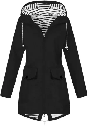 Rain Jacket Women Hooded Waterproof Windbreaker Full Zip Stripe Lined Trench Coats High Low Hem Outdoor Travel Coat