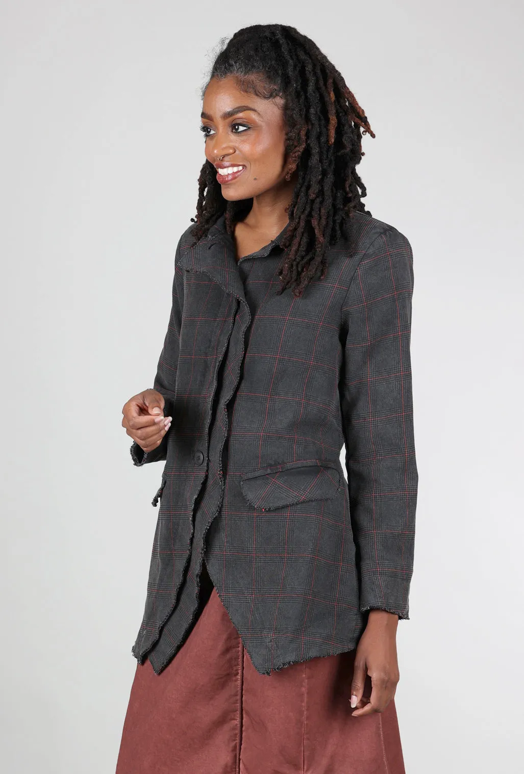 Raw-Edge Plaid Jacket, Pewter