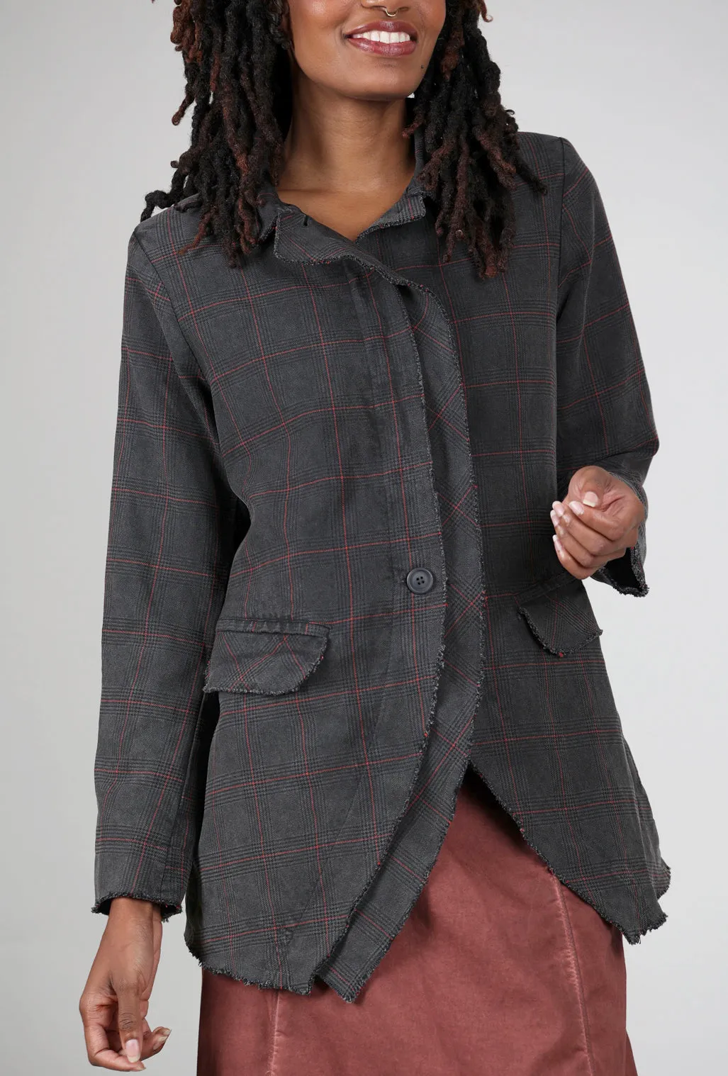 Raw-Edge Plaid Jacket, Pewter
