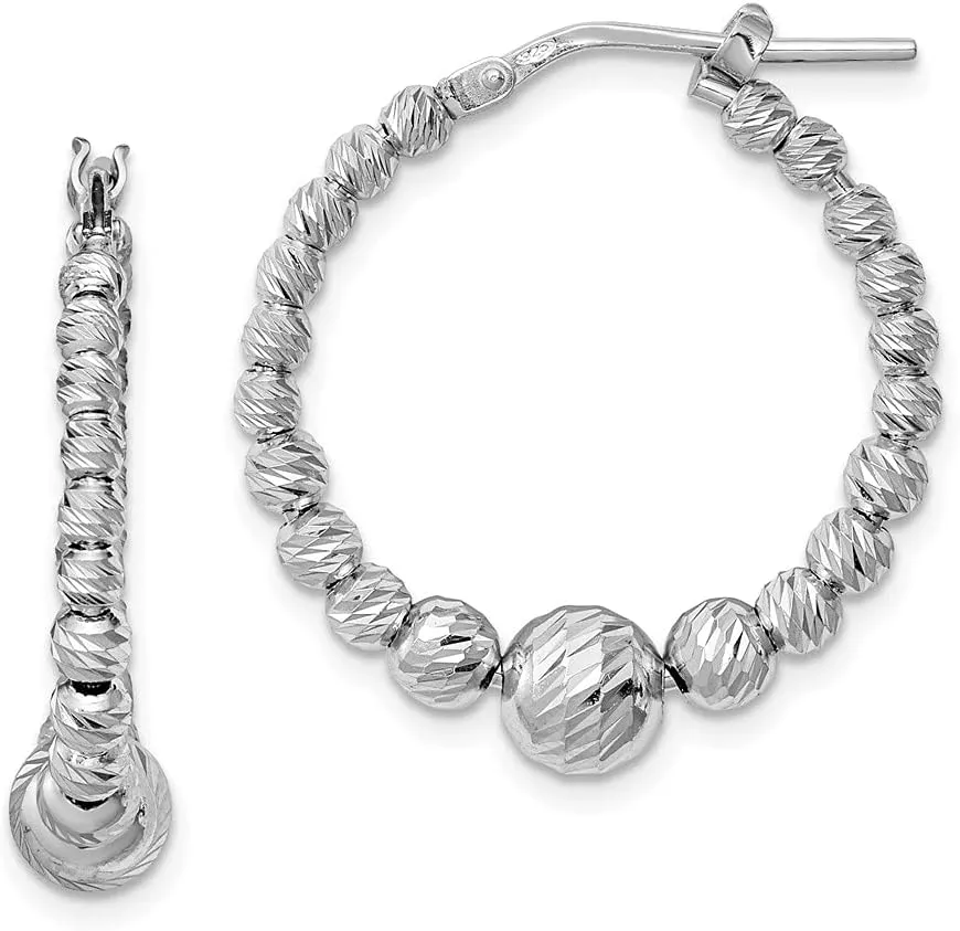 Real 925 Sterling Silver Beaded Hinged Hoop Earrings 27mm