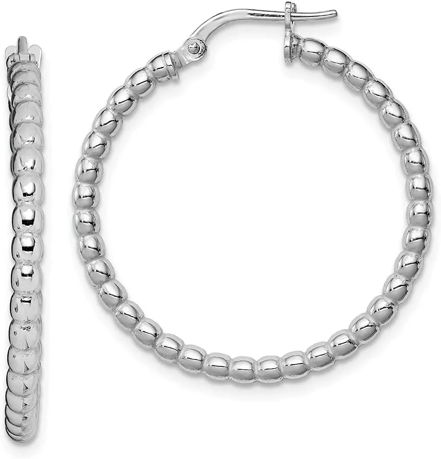 Real 925 Sterling Silver Beaded Hinged Tube Hoop Earrings - 34mm x 2mm