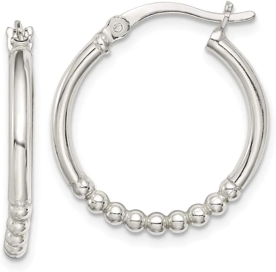 Real 925 Sterling Silver Beaded Hoop Earrings - 22mm x 20mm