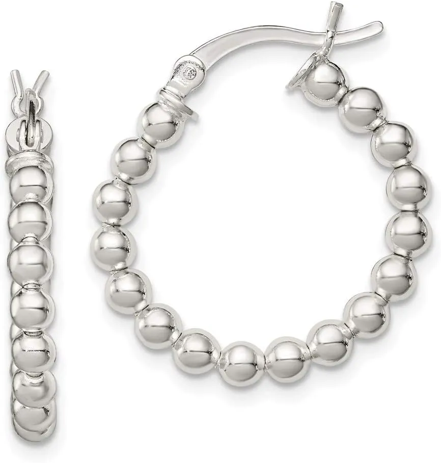 Real 925 Sterling Silver Beaded Hoop Earrings - 24mm x 23mm