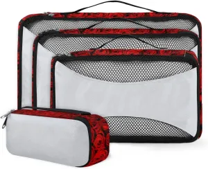 Red Rose Valentines Day 4 Piece Packing Travel Organizer Cubes Set Mesh Fabric Ventilate Design Lightweight Travel Accessories 4 Sizes (Extra Large, Large, Medium, Small)