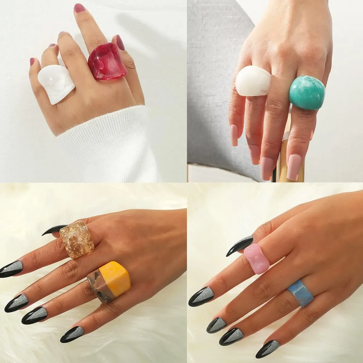 Resin Chunky Rings Acrylic Resin Rings Wide Thick Dome Knuckle Finger Stackable Joint Ring Retro Acrylic Transparent Vintage Plastic Resin Ring Sets
