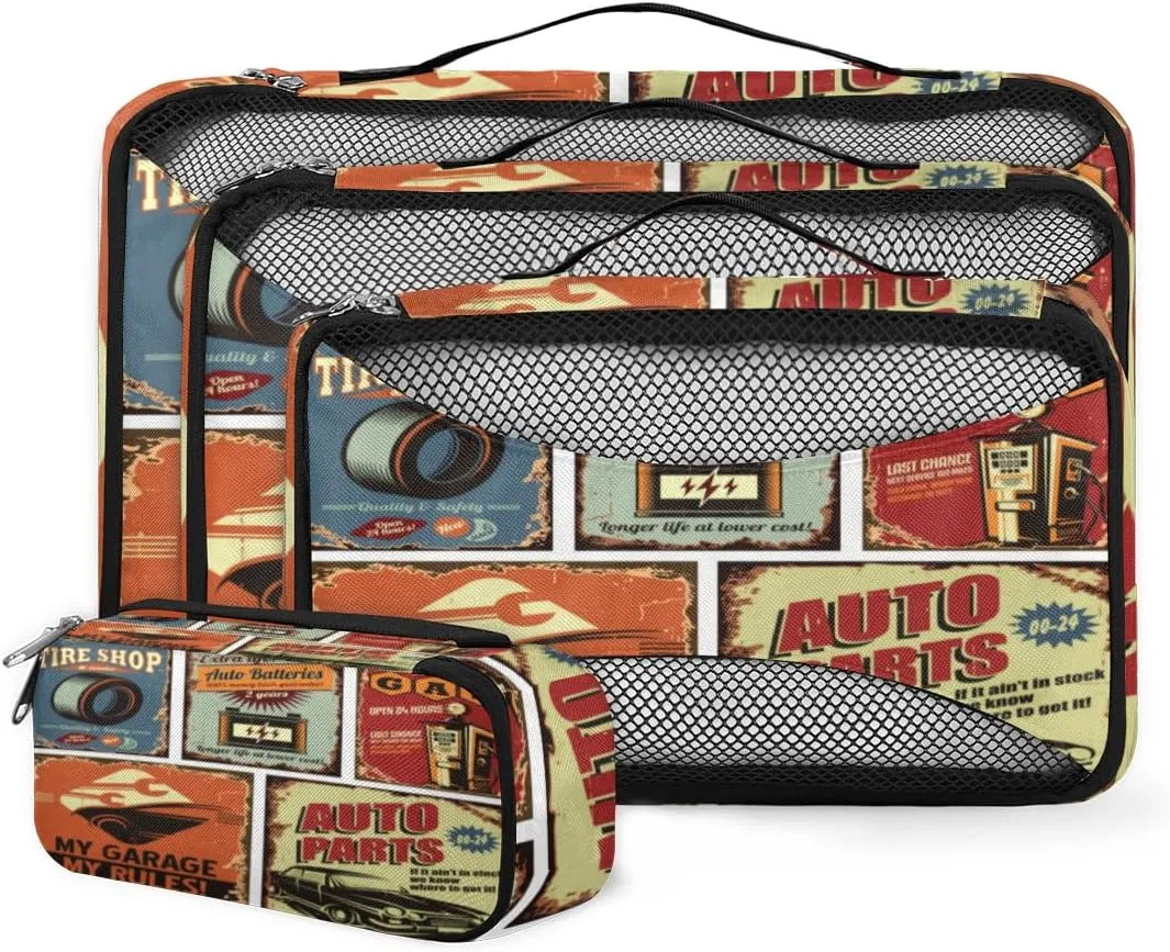 Retro Poster Theme 4 Piece Packing Travel Organizer Cubes Set Mesh Fabric Ventilate Design Lightweight Travel Accessories 4 Sizes (Extra Large, Large, Medium, Small)