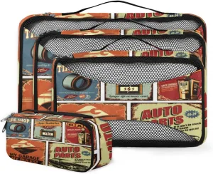 Retro Poster Theme 4 Piece Packing Travel Organizer Cubes Set Mesh Fabric Ventilate Design Lightweight Travel Accessories 4 Sizes (Extra Large, Large, Medium, Small)