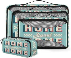Retro Sweet Home Quote 4 Piece Packing Travel Organizer Cubes Set Mesh Fabric Ventilate Design Lightweight Travel Accessories 4 Sizes (Extra Large, Large, Medium, Small)