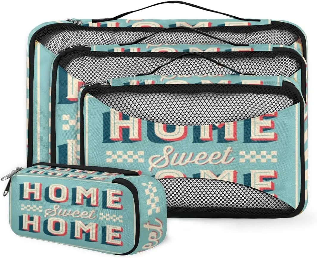 Retro Sweet Home Quote 4 Piece Packing Travel Organizer Cubes Set Mesh Fabric Ventilate Design Lightweight Travel Accessories 4 Sizes (Extra Large, Large, Medium, Small)