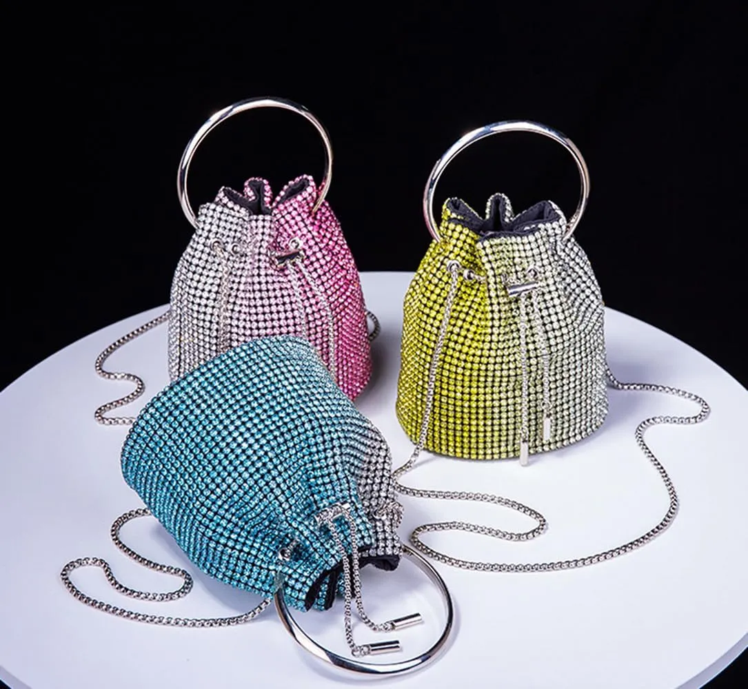 Rhinestone Evening Handbag Drawstring Shoulder Bling Purse Diamond Clutch Purse Party Wedding Prom Shopping Green