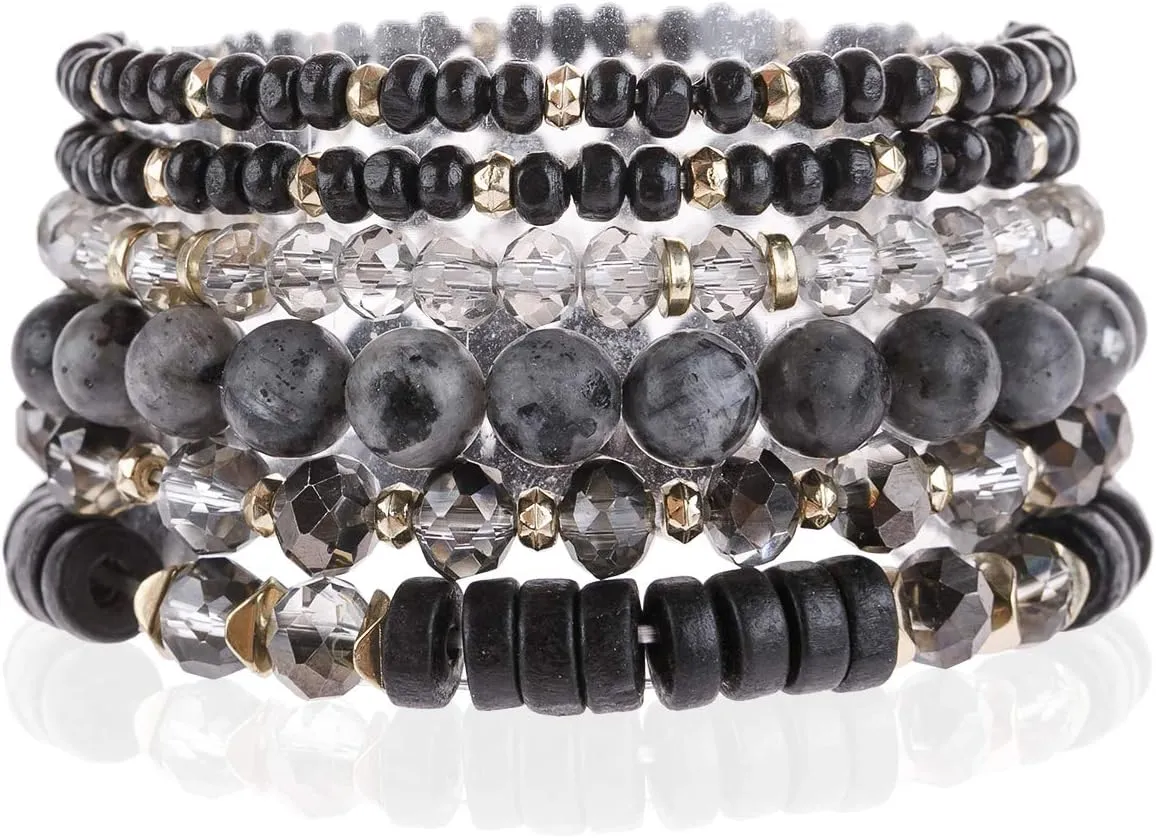 RIAH FASHION Bohemian Beaded Multi Layer Versatile Statement Bracelets - Natural Stone Wood Mix Stackable Stretch Strand Bangles