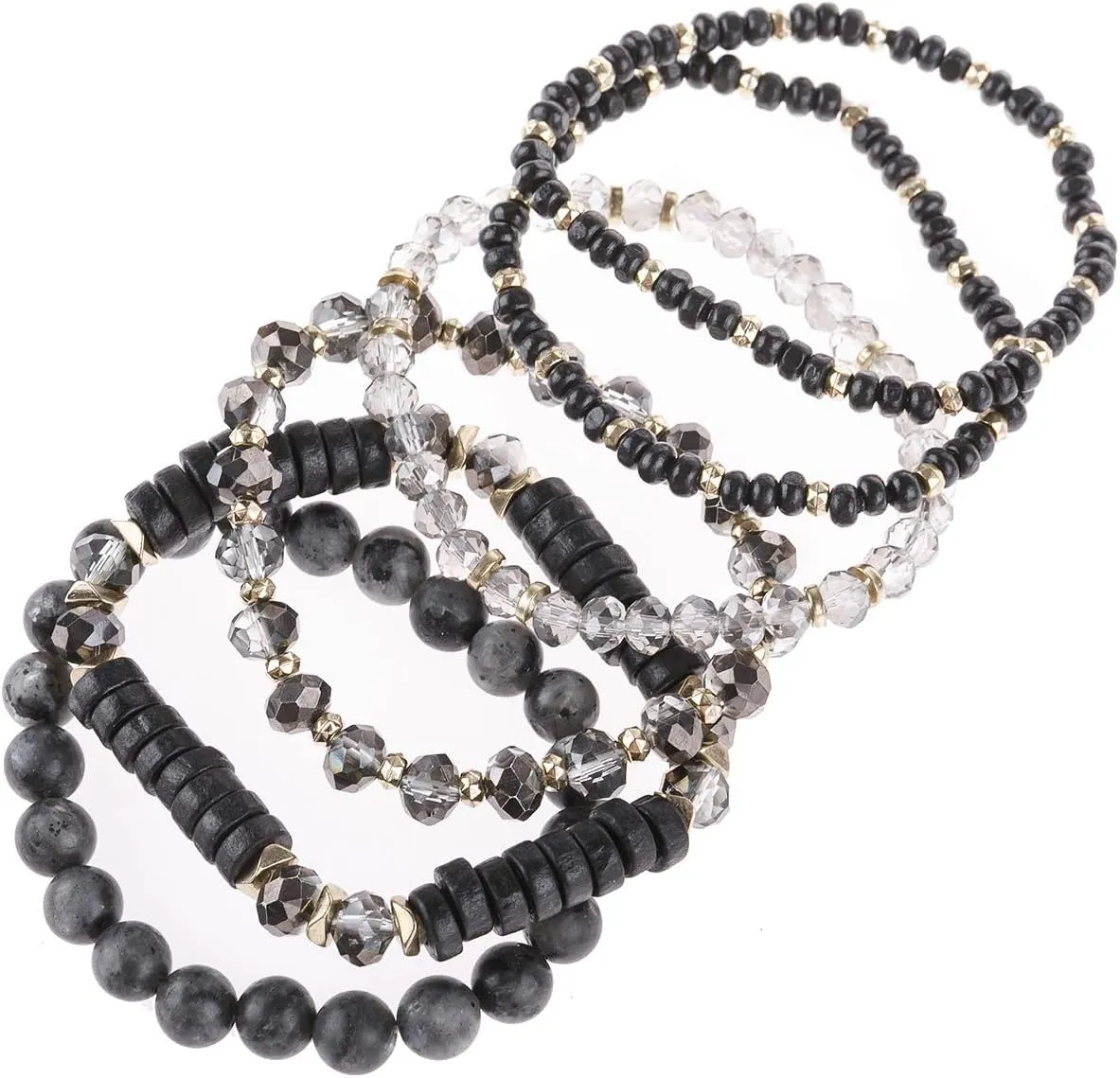 RIAH FASHION Bohemian Beaded Multi Layer Versatile Statement Bracelets - Natural Stone Wood Mix Stackable Stretch Strand Bangles