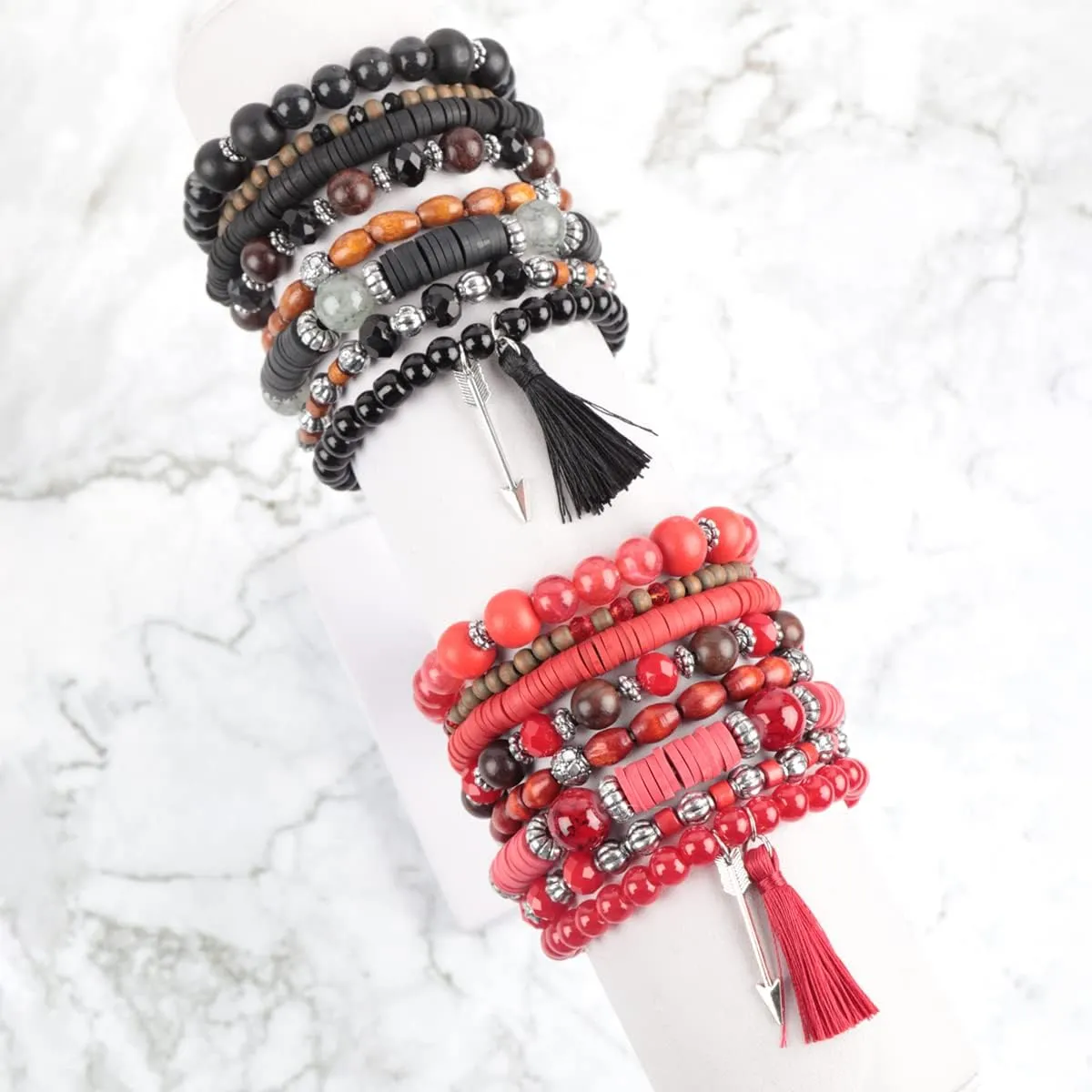 RIAH FASHION Bohemian Multi-Layer Beaded Pendant Statement Stretch Strand Bracelet - Sparkly Bead Tassel Pom Pom Star Charm Stack Cuff Bangles