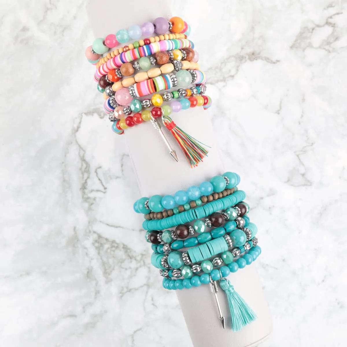 RIAH FASHION Bohemian Multi-Layer Beaded Pendant Statement Stretch Strand Bracelet - Sparkly Bead Tassel Pom Pom Star Charm Stack Cuff Bangles