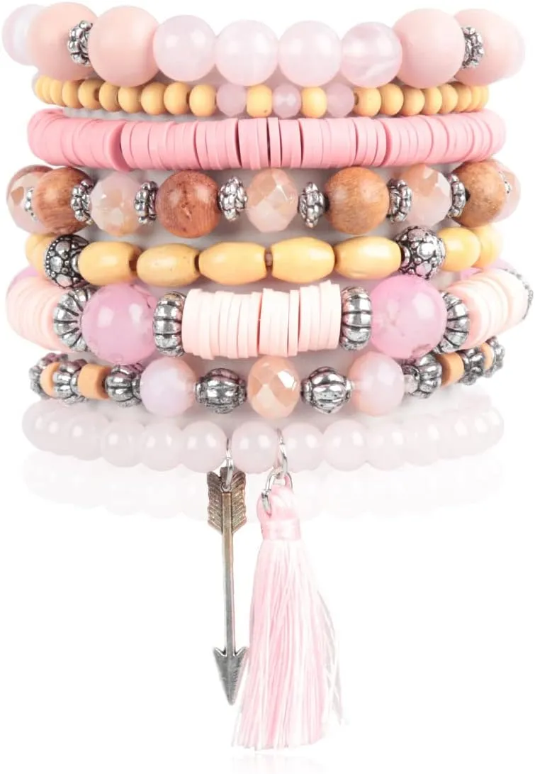 RIAH FASHION Bohemian Multi-Layer Beaded Pendant Statement Stretch Strand Bracelet - Sparkly Bead Tassel Pom Pom Star Charm Stack Cuff Bangles