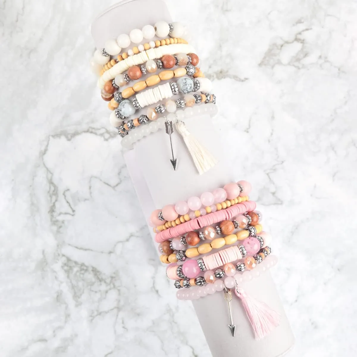 RIAH FASHION Bohemian Multi-Layer Beaded Pendant Statement Stretch Strand Bracelet - Sparkly Bead Tassel Pom Pom Star Charm Stack Cuff Bangles