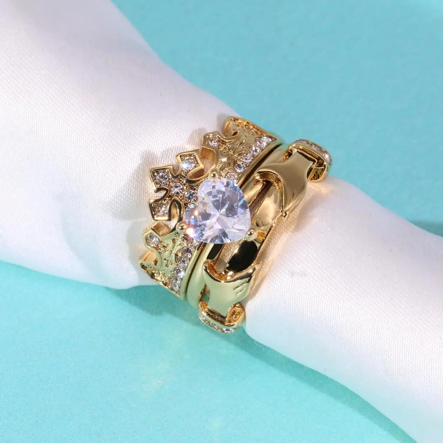 ringheart Couple Rings Matching Ring Claddagh Ring Yellow Gold Plated Women Wedding Ring Sets for Him and Her