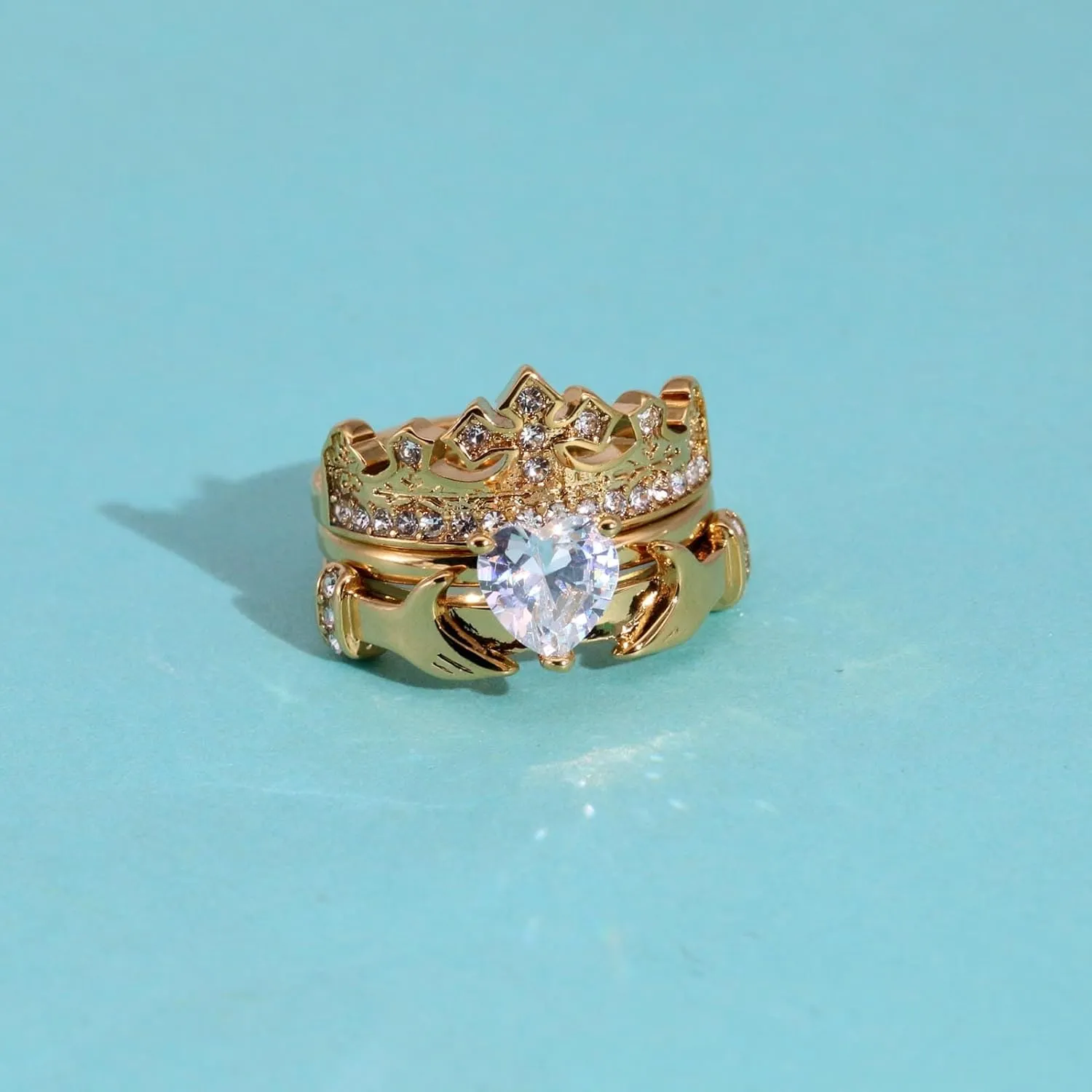 ringheart Couple Rings Matching Ring Claddagh Ring Yellow Gold Plated Women Wedding Ring Sets for Him and Her