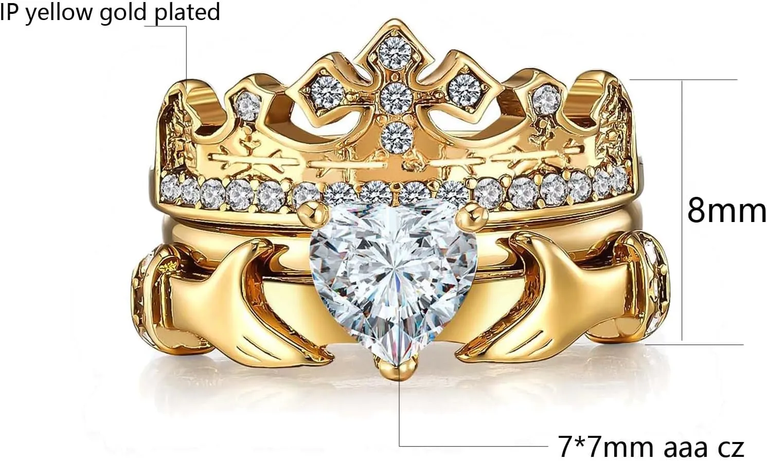 ringheart Couple Rings Matching Ring Claddagh Ring Yellow Gold Plated Women Wedding Ring Sets for Him and Her