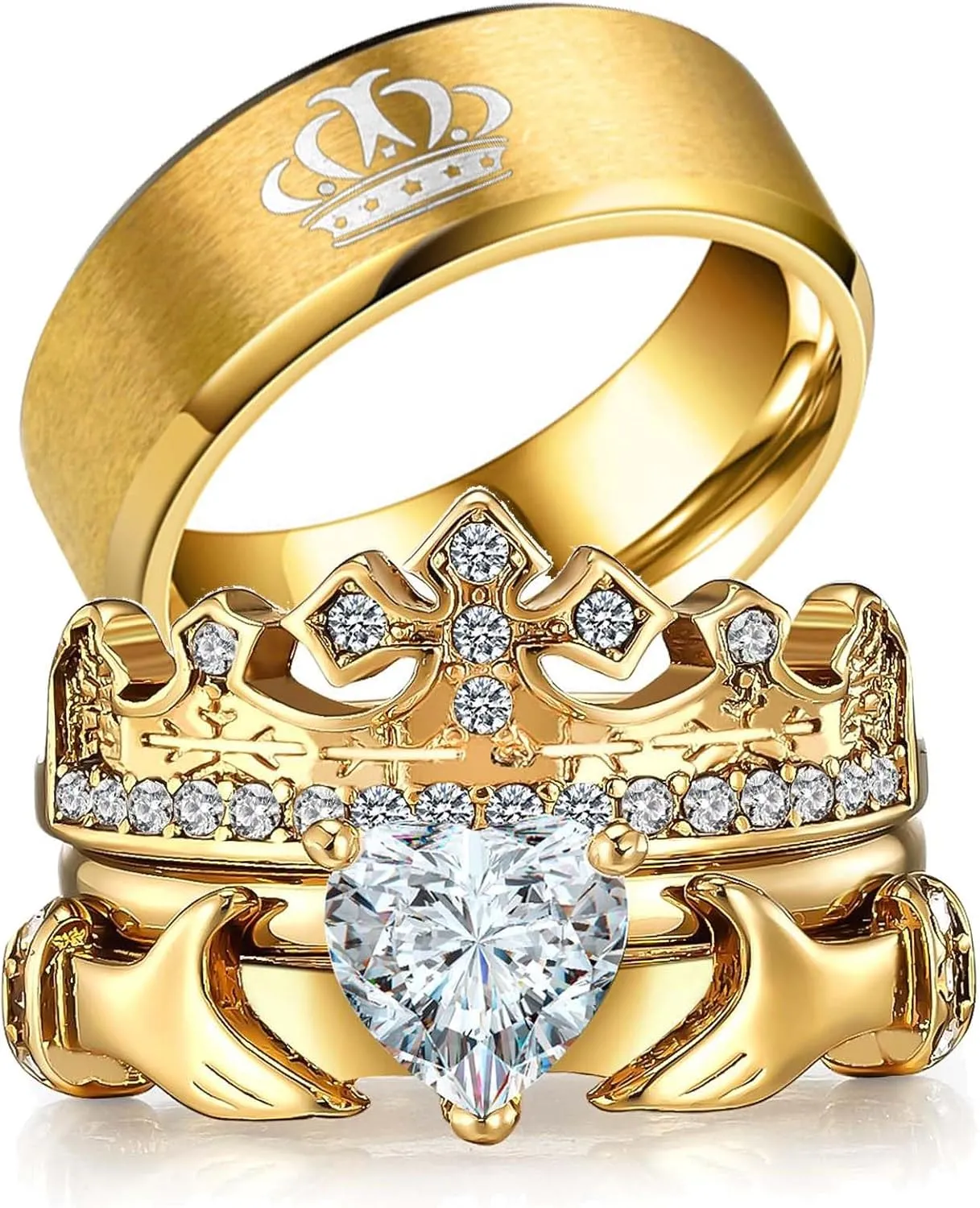 ringheart Couple Rings Matching Ring Claddagh Ring Yellow Gold Plated Women Wedding Ring Sets for Him and Her