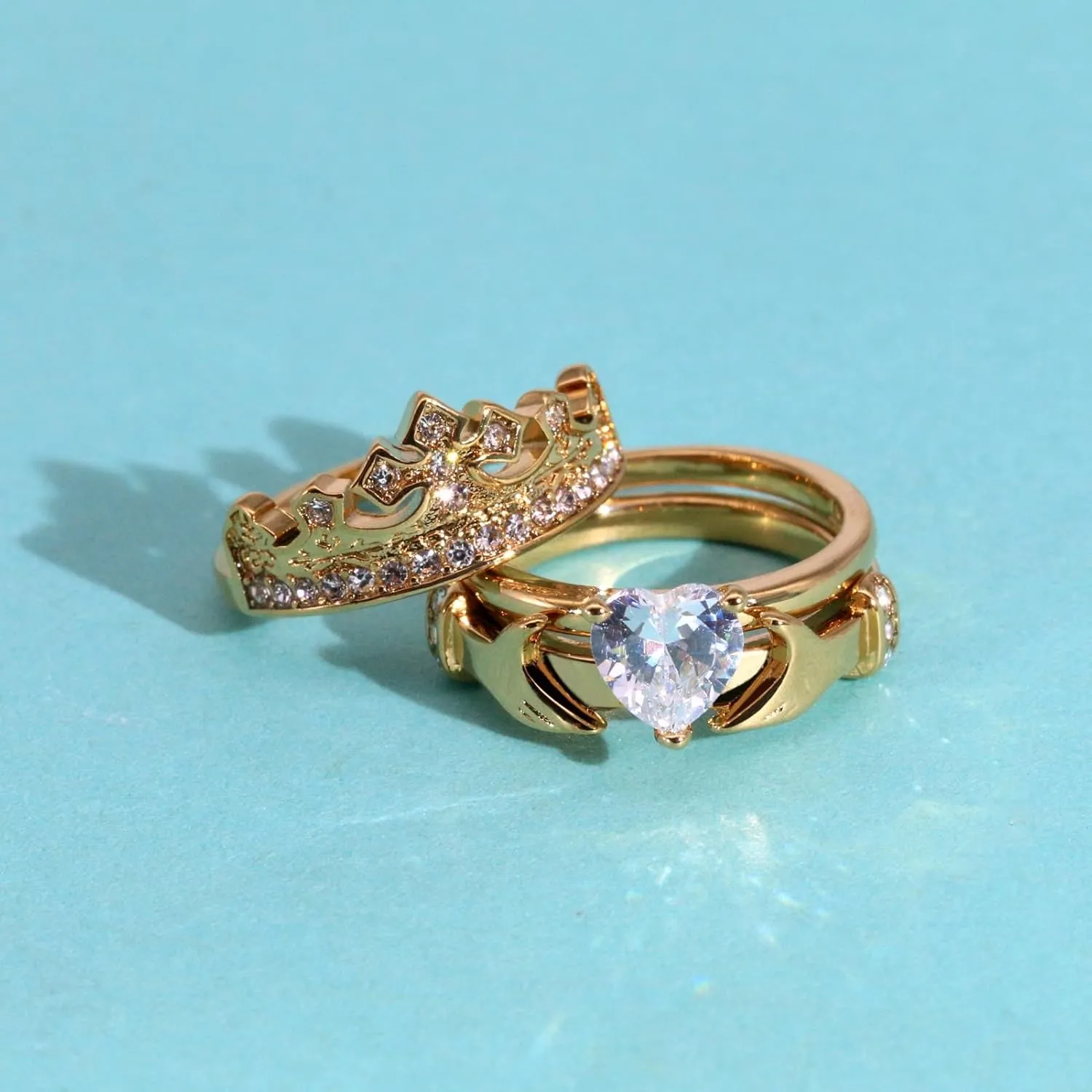 ringheart Couple Rings Matching Ring Claddagh Ring Yellow Gold Plated Women Wedding Ring Sets for Him and Her